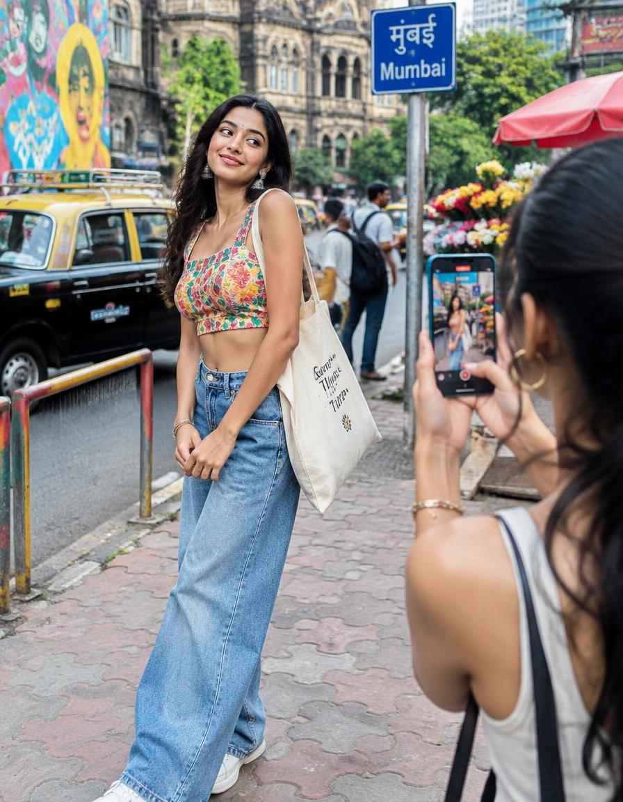 Fashion creator being filmed on a Mumbai street